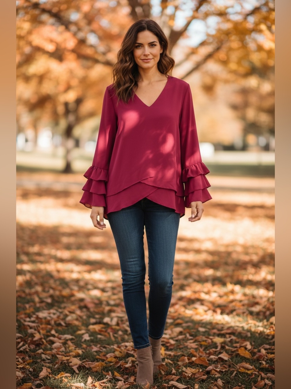 Women's Ruffle Sleeve V-Neck Top - Berry